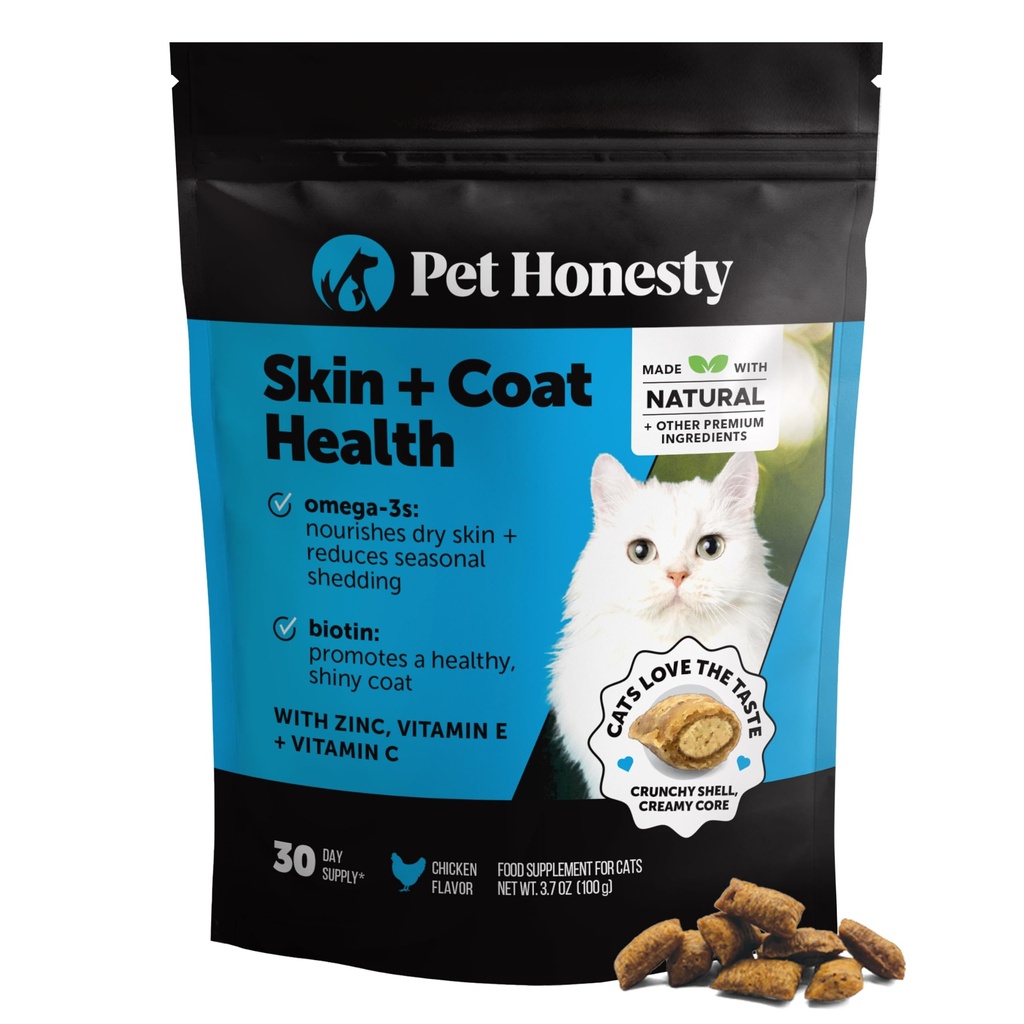 Cat Skin & Coat Health Crunchy & Creamy Chews - Omegas, Vitamina C + E, Biotin Supplement, Soothes Skin and Promoves Shiny Coat, Cat Supplements & Vitamins - Chicken (30-Day Supply)