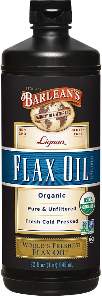 Barlean Organic Lignan Omega 3 Flaxseed Oil Liquid Supplement for Men and Women, Cold Press Flax Seeds, 7230mg ALA Fatty Acid, Vegan și Gluten Free, 32 oz