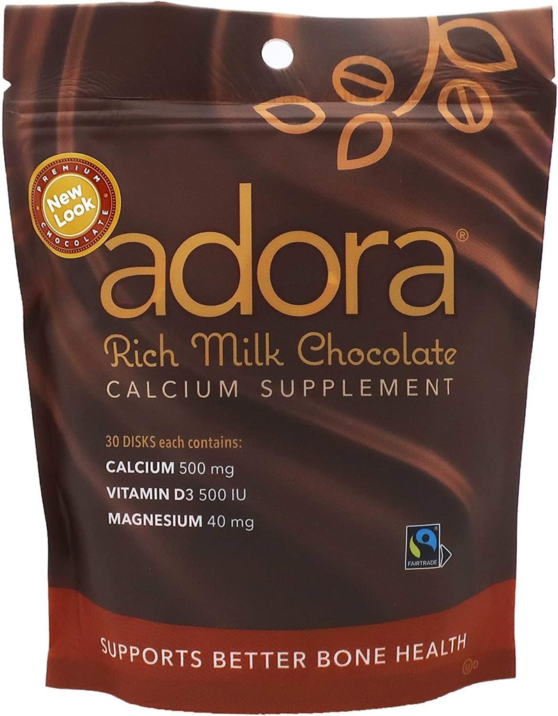 Adora Premium Vitamina D3 Suplimentul de magneziu și calciu, 500 mg, ciocolată cu lapte, 30 Conte (Pachet de 2)