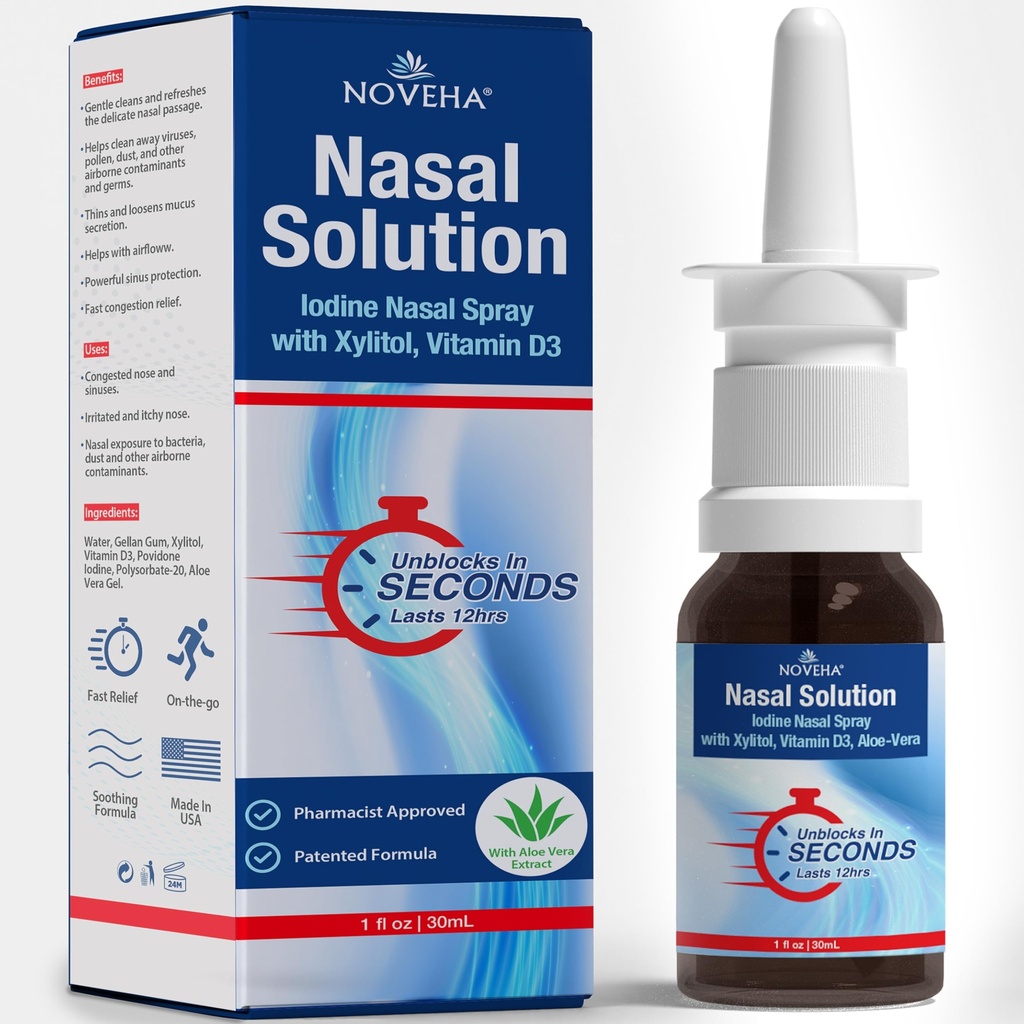 Pulverizare nazală NOVEHA - 1% Pulverizare Povidonă-Iod, vitamina D3, Aloe-Vera - Cleanser nazal (30ml)