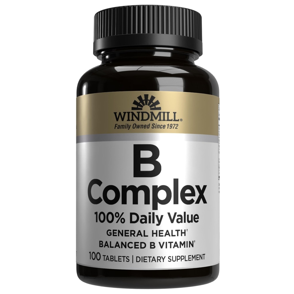 Windmill Vitamine naturale B Complex (100% valoare zilnică), stimularea producției de energie și promovarea metabolismului, 100 comprimate, 100 Serviri