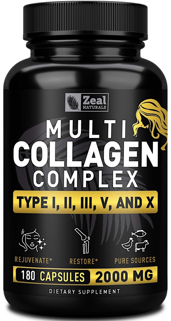 Multi Colagen Peptides pastile (Tipuri I,II,III,V,X) Iarba Pastile de Colagen Fed (180 capsule) - Hidrolysat Colagen Proteina Blend pentru par, piele, unghii, si suport comun - Colagen pastile pentru femei