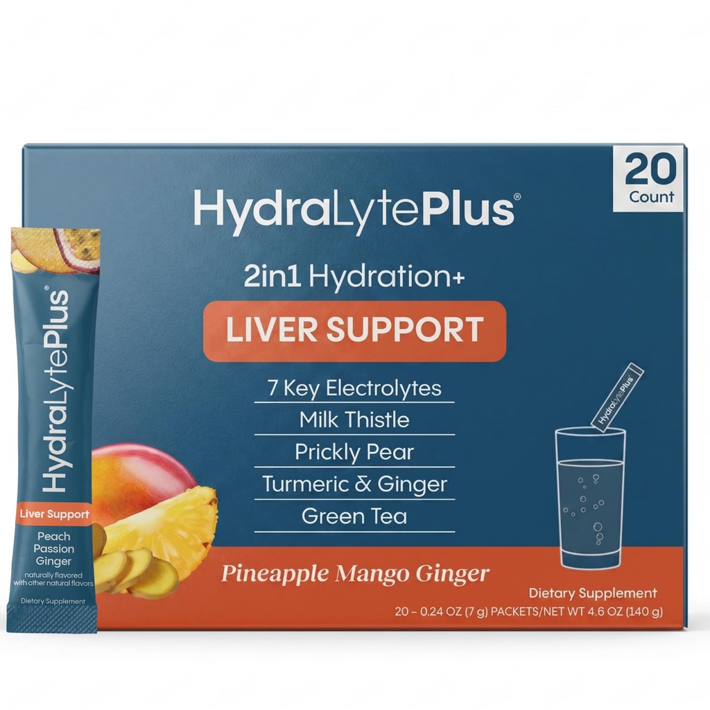 Suport pentru ficat Hydralyte + Electrolite Mix with Milk Thistle, Turmeric, Ginger, Prickly Pear, extract de ceai verde Formulat pentru rehidratare rapidă (Pineapple Mango Ginger, 20 Pachete)