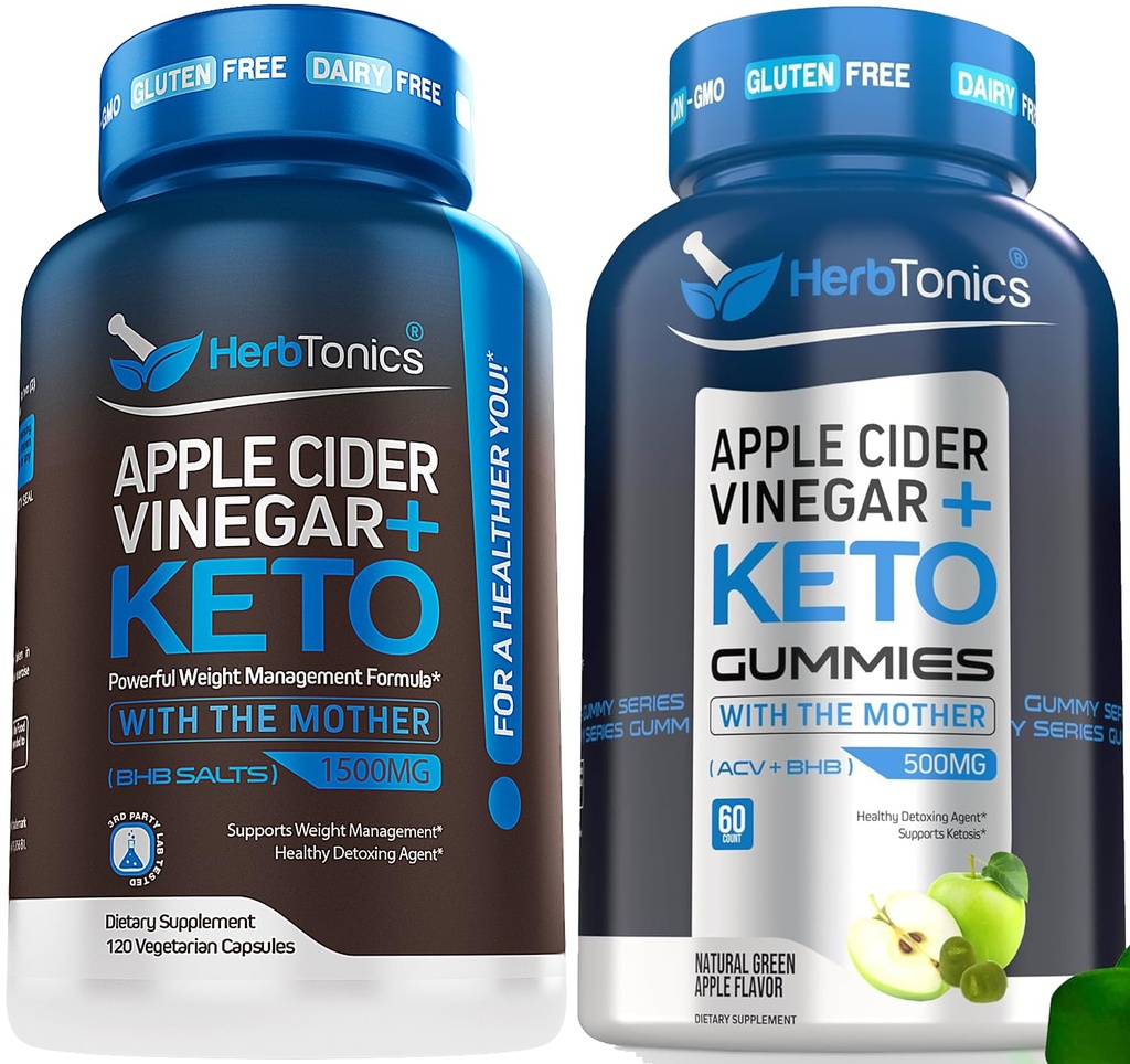 Herbtonics Apple Cider Otegar Capsule cu Keto BHB - Suportă Digestion, Detox, și Metabolism pentru femei și bărbați, Sugar-Free, Keto Formula.