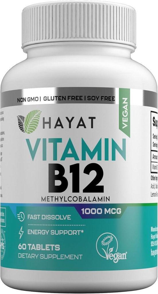 HAYAT Vitamine Vegan naturale Vitamina B12 1000 MCG, Supliment alimentar pentru suport metabolic energie, 2 luni de aprovizionare, toate naturale, certificate Halal, 60 comprimate, Made in the USA