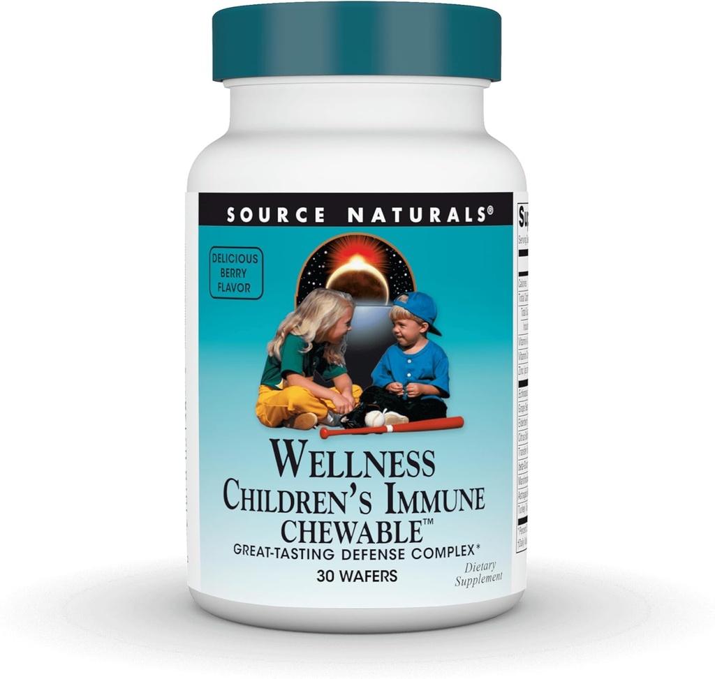 Sursa Naturals Wellness Immune pentru copii Chewable, Complexul de apărare de mare gustare, Raspberry Flavored* - 30 Wafers