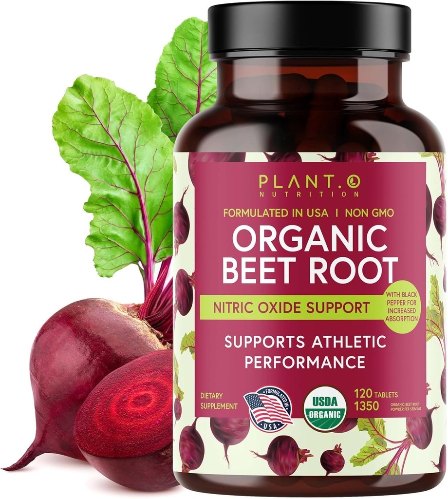 USDA Plant.O Premium tablete de rădăcină de sfeclă organică [1350 mg pudră de sfeclă] cu Pepper negru pentru absorbție suplimentară - Suplimentul de oxid de azot