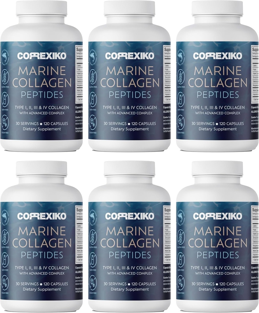 CORREXIKO Marine Colagen Supliment Pastile - 1800mg Hidrolized Colagen Peptides per Servire cu Adăugat Acid hialuronic, Vitamina C & Minerale - pentru păr, Piele & Nails - 720 capsule 6 Luna alimentare