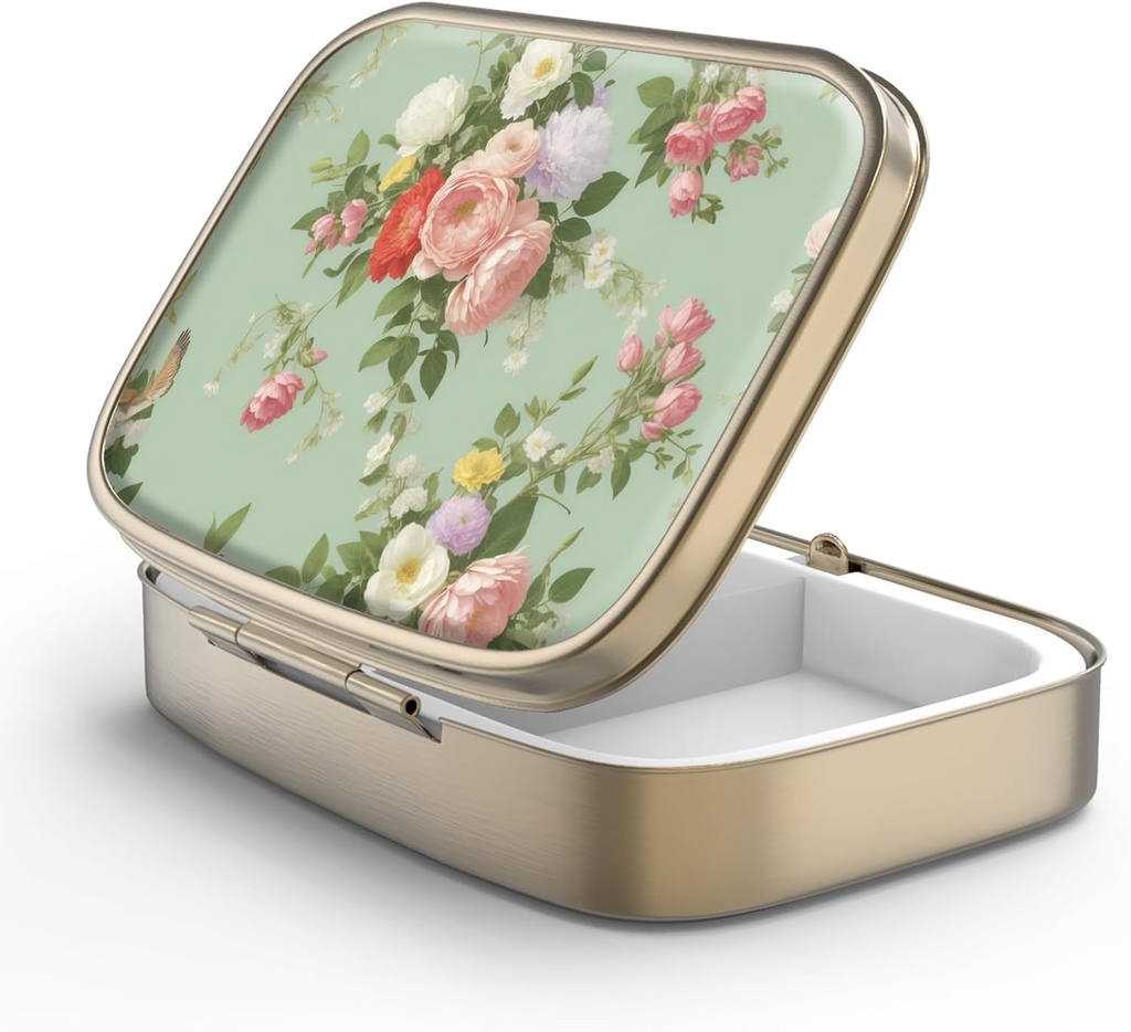 Pilulă cutie de pastile caz cu oglindă retro 2 Compartiment caz Pilulă mică pentru Purse sau buzunar Bronz cutie de pastile dreptunghiulare sau vitamine, ulei de pește, Suplimente, Pilula Contine cadouri de călătorie (Retro Green Floral)