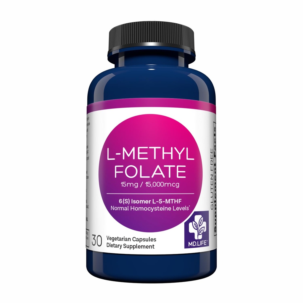 MD Life L-Metilfolat 15 mg supliment - Professional-Grad Active Metilfolat Supliment - 30 capsule - L-metilfolat 15 mg - Potenta maximă MTHFR W/Amioacidi esenţiali