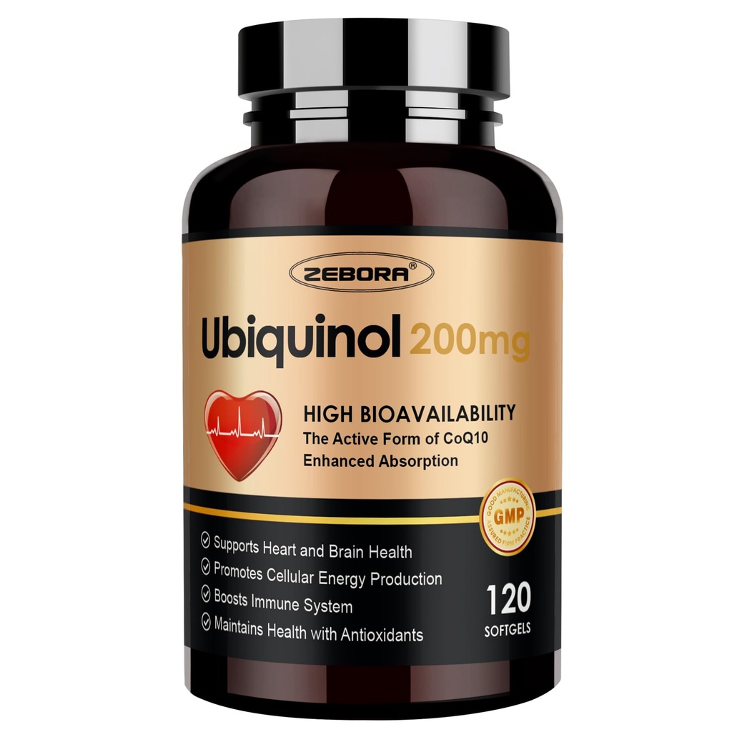 ZEBORA Ubichinol CoQ10 200mg Softgels, 4-in-1 Antioxidant puternic pentru inima si sanatatea vasculara, esential pentru producerea de energie, Absorbtie maxima Forma activa de CoQ10, 120 Softgels