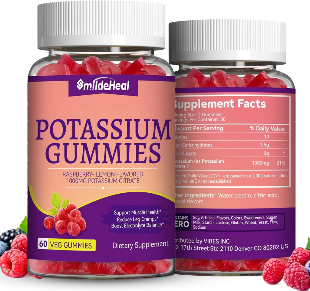2 Pachet Supliment de potasiu Gumries 1000 mg, Gume de potasiu pentru adulţi, Suport Crampele piciorului şi sănătatea musculară - Vegan, Non-GMO,120 Conte