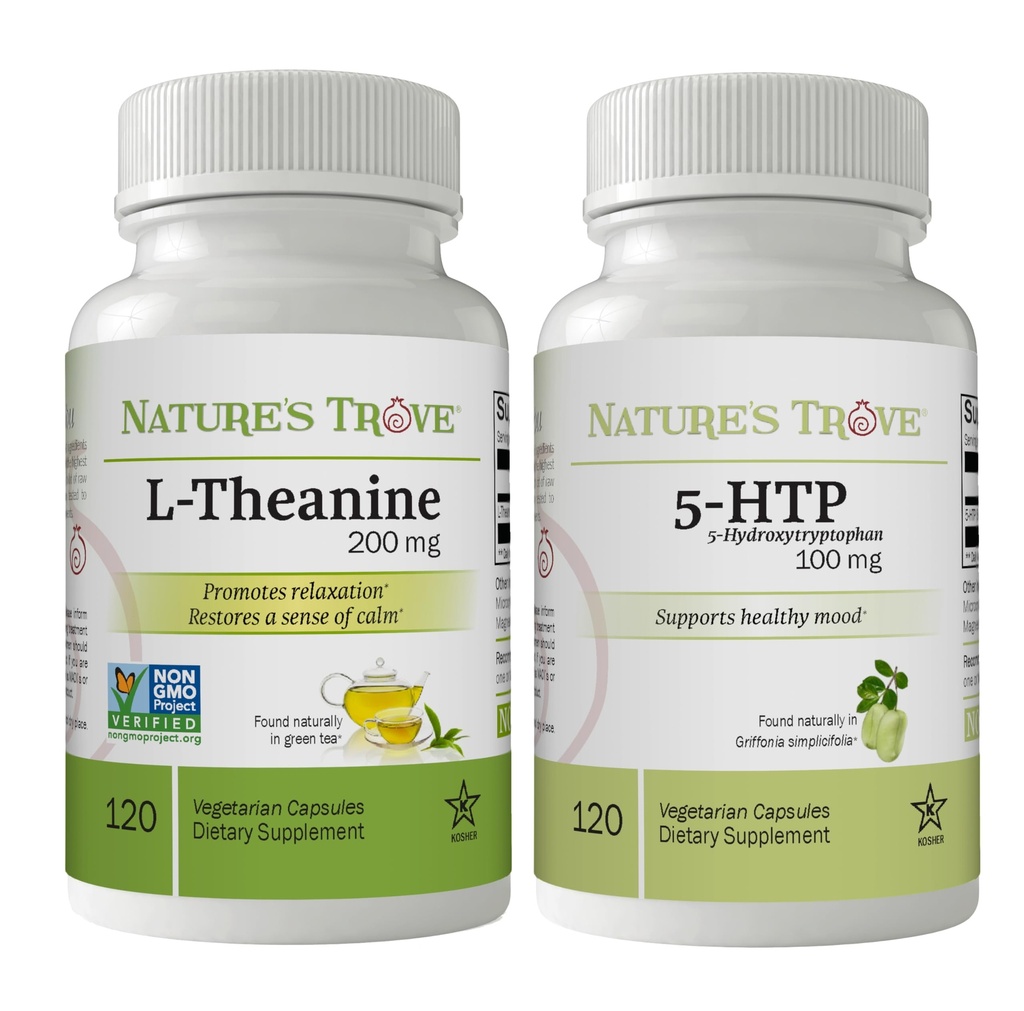 Trove L-Theanine 200mg 120 Capsule vegetariene & 5-HTP 100mg 120 Capsule vegetariene - Stack calm și sănătos