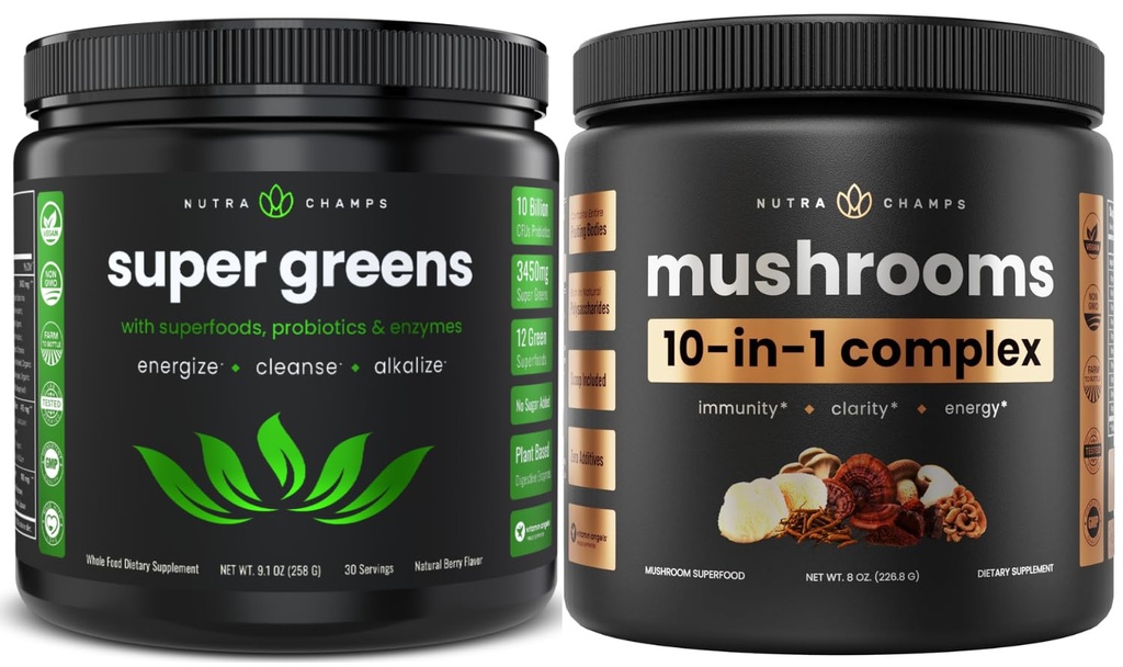 NutraChamps Super Greens & Super Ciuperci: Creier Ultimate, Boost Gut & Body