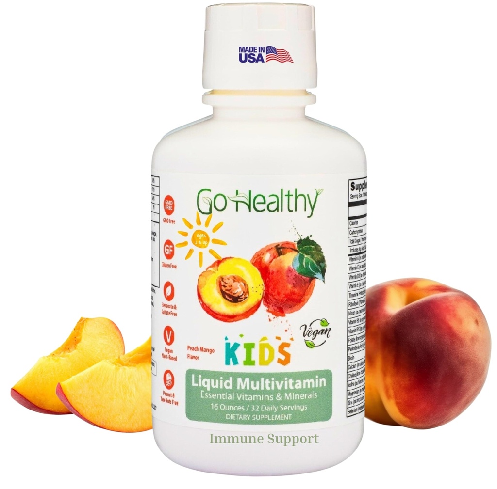 Go Sanatos copii Multivitamine lichide, Suport Imun, Multivitamine Kid lichid, Vitamine Vegan de înaltă absorbție, Vitamine pentru copii Multivitamine Peach Mango - 30-60 Serviri