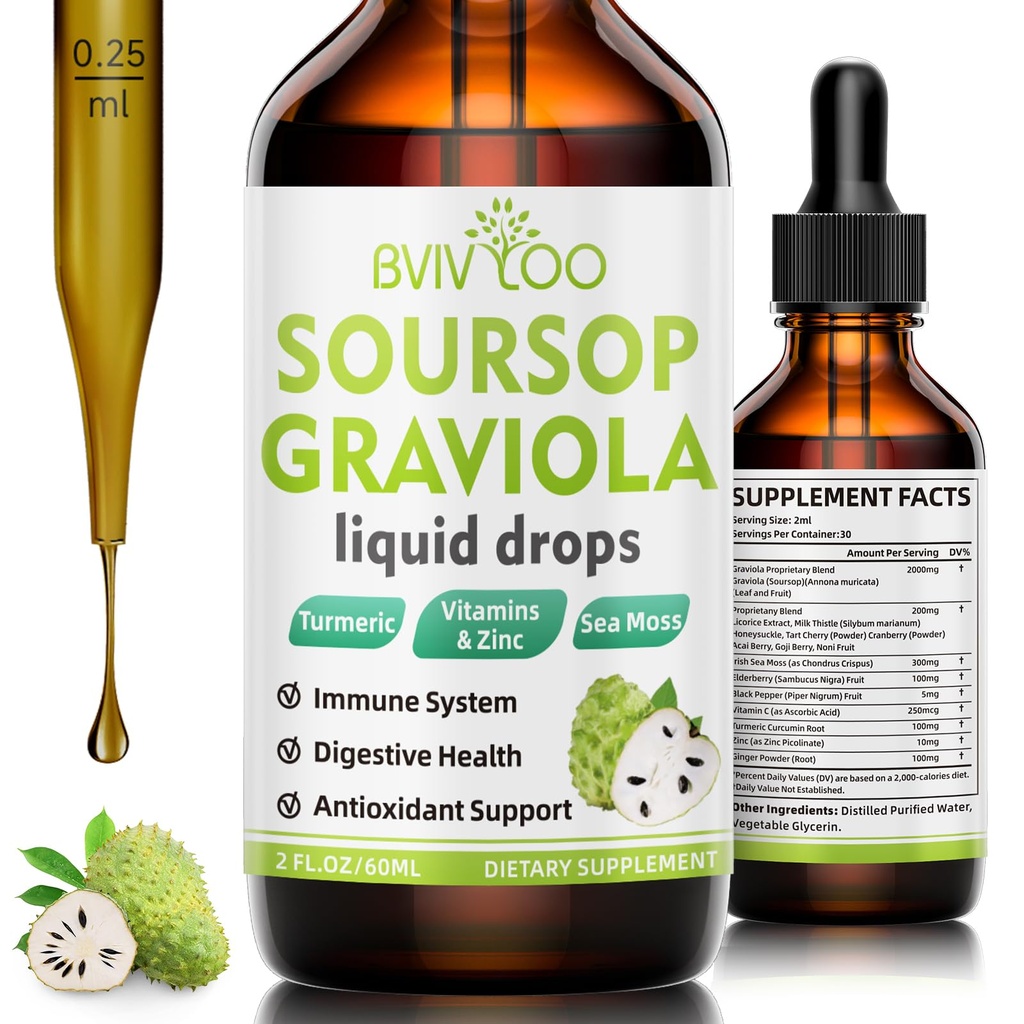 Soursop Graviola Picături lichide - 2000mg Extract Soursop pur amestecat cu 300mg Sea Moss & 100mg Elderberry - Suport Cell Puternic, Antioxidant-Rich, Immune-Boosting - 2 Fl Oz (60ml) Sticla