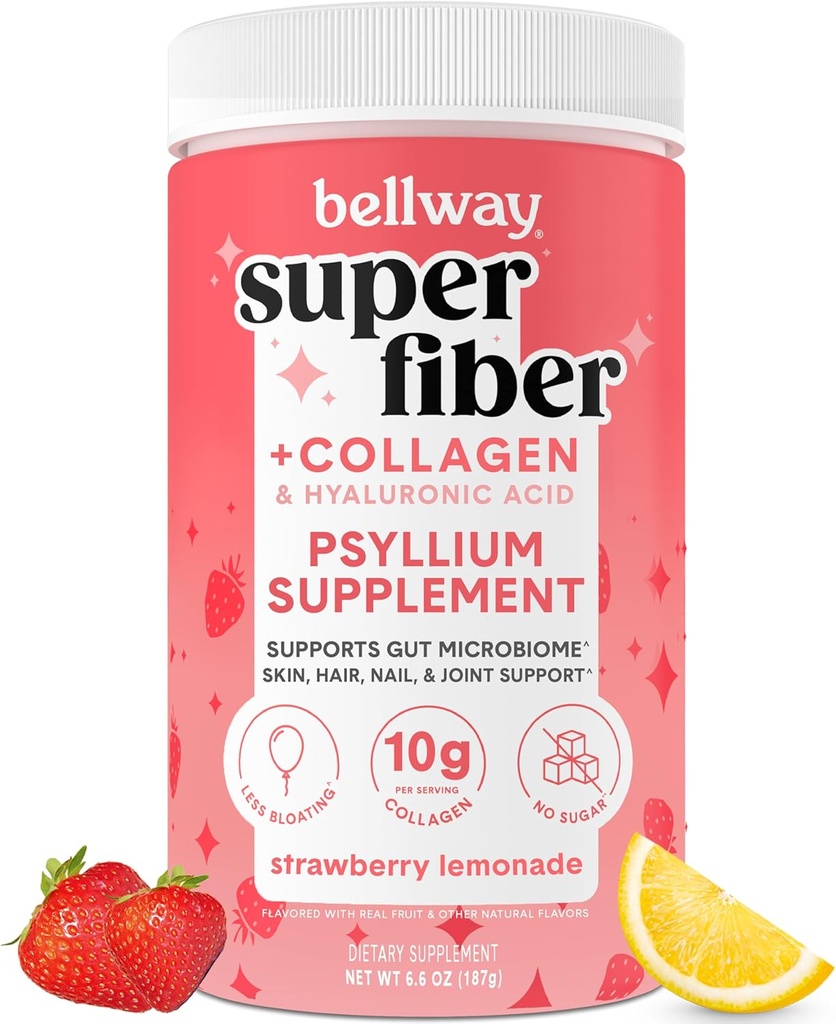 Bellway Super Fiber Powder + Colagen, Psyllium Husk pulbere fără zahăr cu Colagen Peptides și acid hialuronic pentru sănătate gută, piele sănătoasă, unghii, oase și articulații, căpșuni Lemonade (11 Serviri)