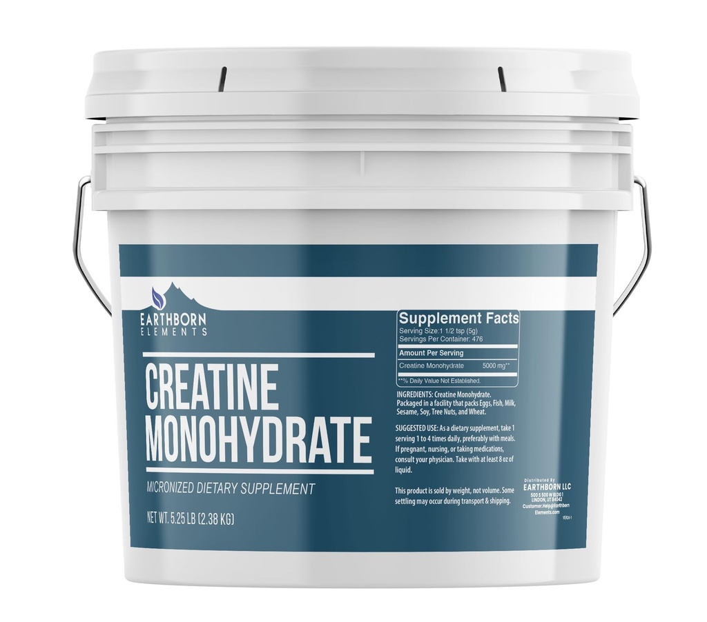 Elemente născute Earthborn Creatin monohidrat pulbere 1 Gallon Bucket, Micronized & Unflavored, Supliment alimentar, Nu Aditivi (84 Ounce)