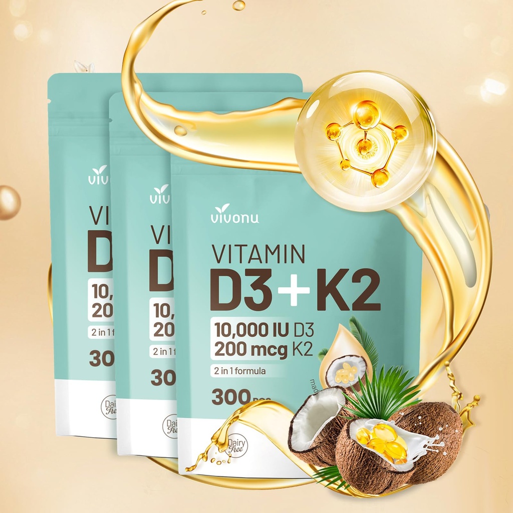 Vitamina D3 10000 ui Plus K2 (MK-7) 200 mcg, 300 Nucă de cocos Ulei Softgels