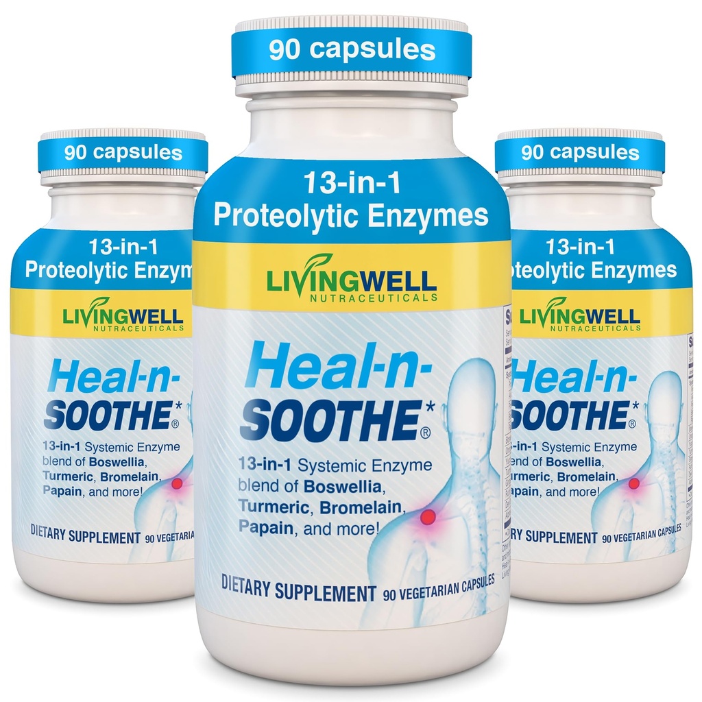 Suplimente de suport comun HEAL-N-SOOTHE - Enzime  Proteolitice cum ar fi Bromelain & Papain, cu Boswellia, Turmeric & Ginger- promovează funcţia digestivă de proteine şi de apărare a organismului Wellness- 90 Conte (3 ambalaj)