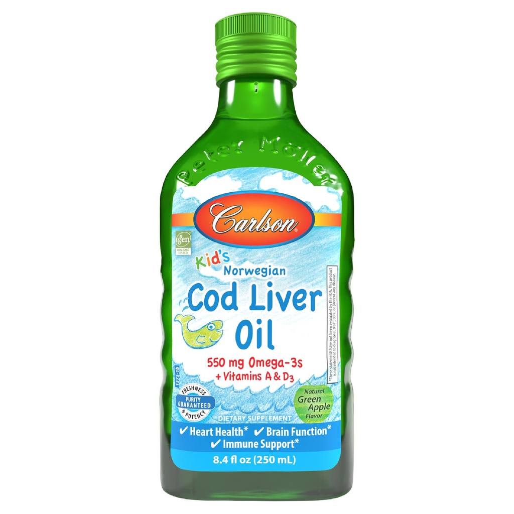 Carlson - Kid Cod Ulei de ficat, 550 mg Omega-3s, Plus Vitamine A și D3, ulei de pește lichid, cod arctic sălbatic capturat norvegian, ulei de pește nordic, Apple verde, 250 ml (8,4 Fl Oz)
