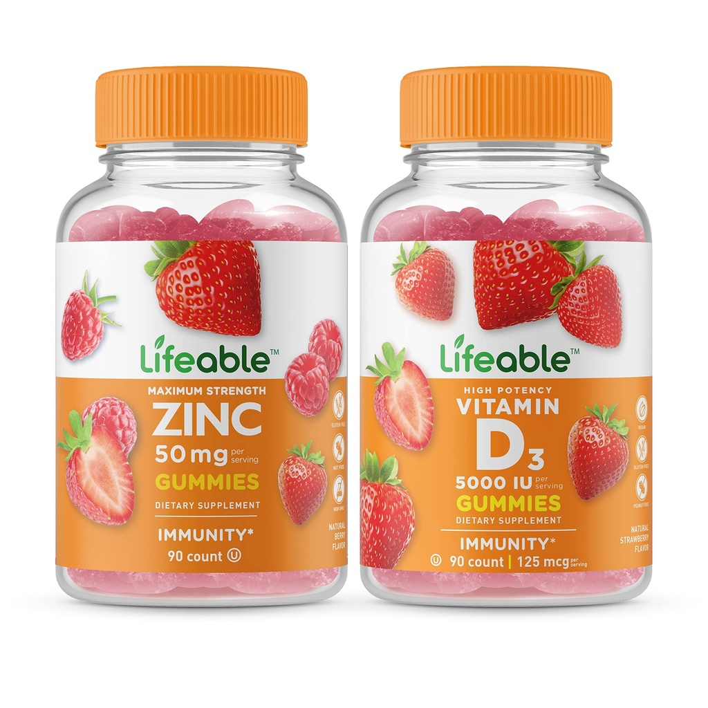 Zinc viu 50mg + vitamina D 5000 UI, Gummie Bundle - mare Tasting, Supliment de vitamine, gluten gratuit, OMG gratuit, Guma de mestecat