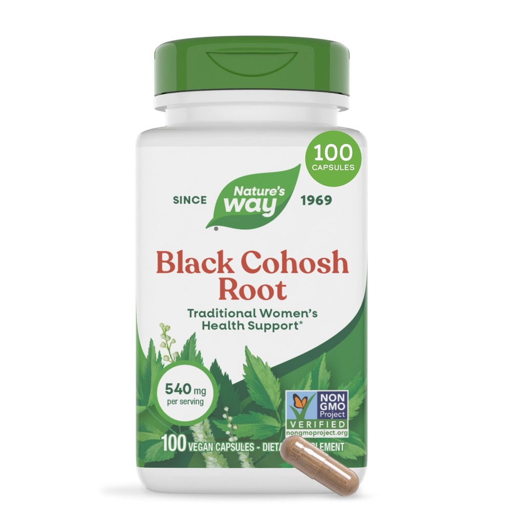 Natura's Way Black Cohosh Root, Suport Tradiţional pentru Sănătatea Femeilor*, 540 mg per Serving, Proiect non-GMO Verified, 100 Capsule