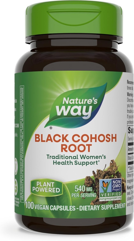 Nature's Way Black Cohosh Root, Traditional Support for Women's Health*, 540 mg per Serving, Non-GMO Project Verified, 100 Capsules