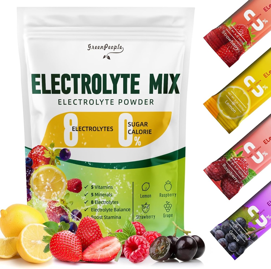 GREENPEOPLE Electroliti pulbere fără zahăr - Free Hydration Electrolit Pachete - Aromă de fructe Electrolite Drink Mix - 8 Electroliți 5 Vitamine și Minerale Vegan non-GMO 16 Sticks