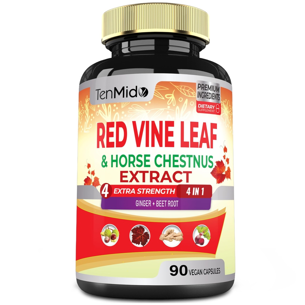 Capsule din frunze de viță-de-vie - cu castan de cal, rădăcină de sfeclă, ghimbir - Suplimentul plantei pentru inimă, Leg Vein & Energy - 90 capsule Vegan pentru 45 zile