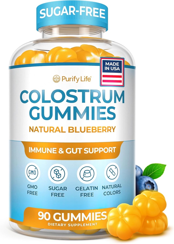 Colostrum Gummies Sugar-Free (1500mg) Colostrum bovin pentru oameni, Grass-Fed Supliment pentru Sanatate Gut, Leaky Gut Repair, Immune Support, Skin Health - 35% IgG Per Serving
