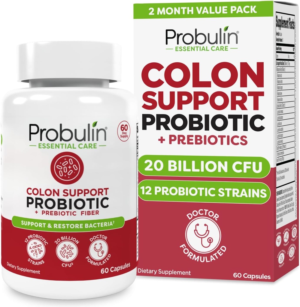 Probulin Colon suport supliment probiotic, curaj zilnic, Digestive, și sănătate imună Probiotice capsule pentru bărbați și femei, 20 Miliarde CFU, Vegan, 60 Conte Sticla