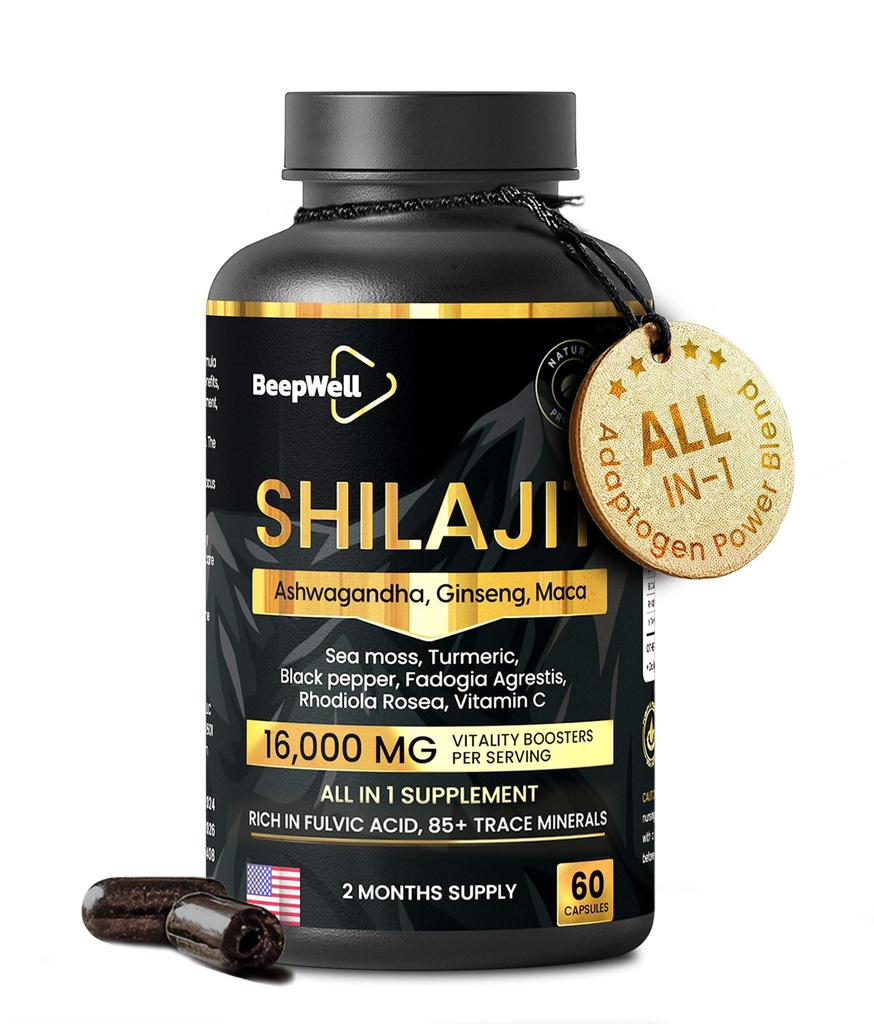 Capsule Shilajit pentru bărbați și femei, 16.000 mg Shilajit organic pur Himalayan susține vitalitatea și Wellness,Premium Pure Himalayan Supliment 2 luni aprovizionare, 60 capsule