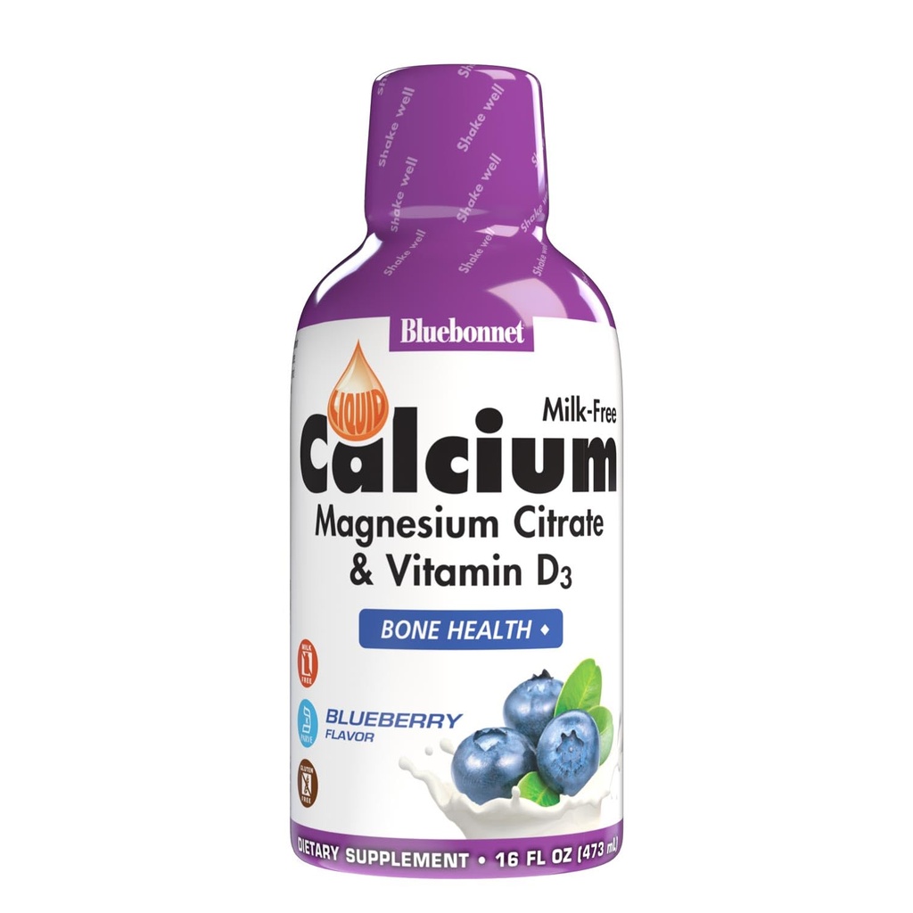 Bluebonnet Nutriție Liquid Calciu Citrat de magneziu Citrat, Vitamina D3, Bone Health, Gluten Free, Soy Free, lapte liber, kosher,32 Serviri, Aroma de afine, 16 Fl Oz (Pachet de 1)