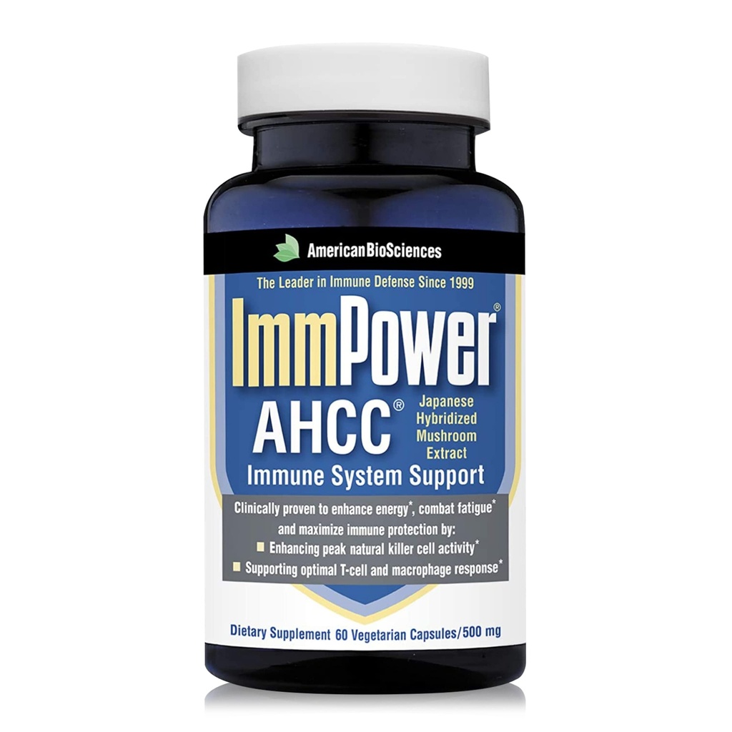 American BioSciences ImmPower AHCC Herbal Mushroom Supliment, 500 mg pe capsulă pentru suport imunitar, Menţine activitatea celulelor ucigaşe naturale, pachet de 1, 60 Capsule Veggie