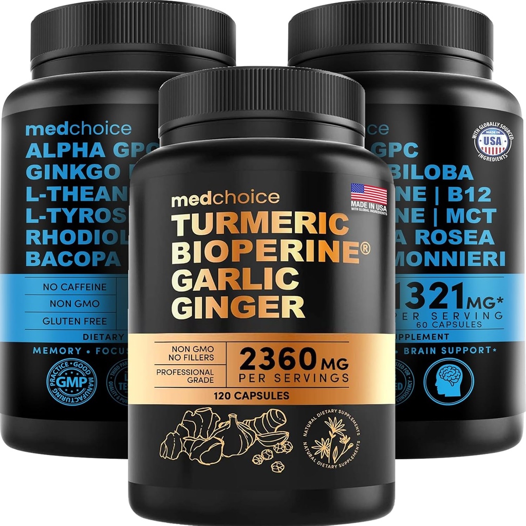 MEDCHOICE Turmeric & Ginger (120ct) și Nootropic Brain (120ct) Supliment Bundle - Wellness Duo pentru articulații, Digestion, Brain, & Mood Support - Vegan, Non-GMO, Gluten-Free