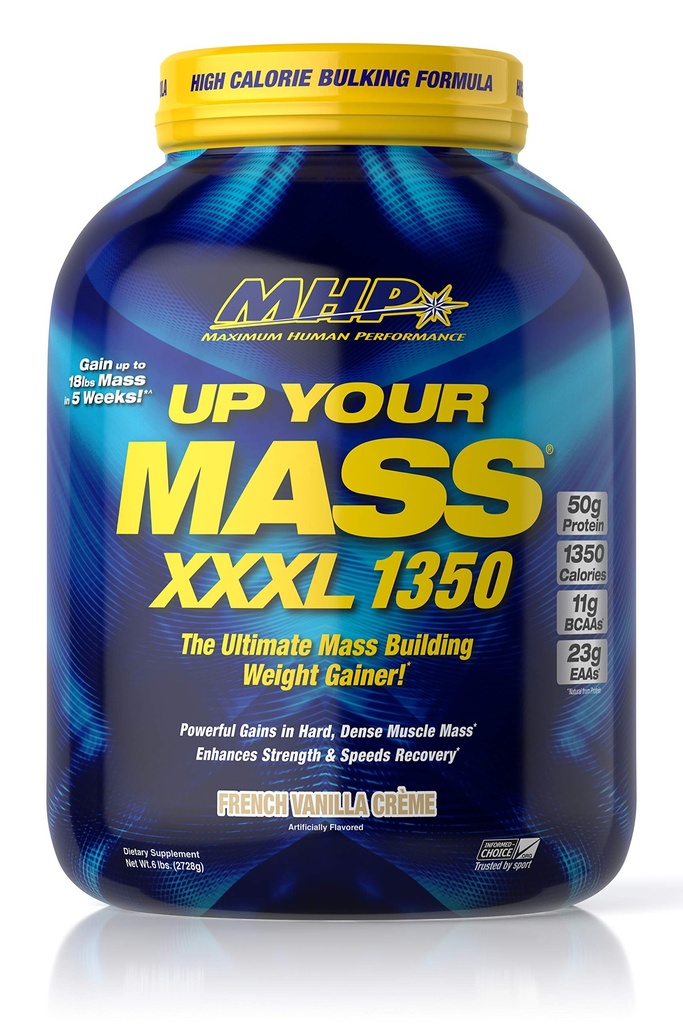 Maximum Human Performance MHP UYM XXXL 1350 Mass Building Height Gainer, Muscle Mass Gains, w/50g Proteine, High Calories, 11g BCAAs, Leucine, French Vanilla Creme, 8 Servings