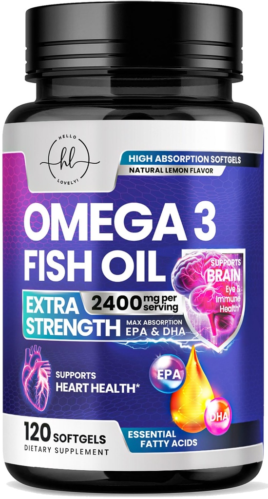 Omega 3 Suplimente de ulei de pește 2400mg - Triple Putere Omega 3 Acidi grasi, Natural Heart Health Brain & Suport comun - Acidi grasi cu EPA & DHA - Wild Caught Fish Supliment ulei - 120 Softgels