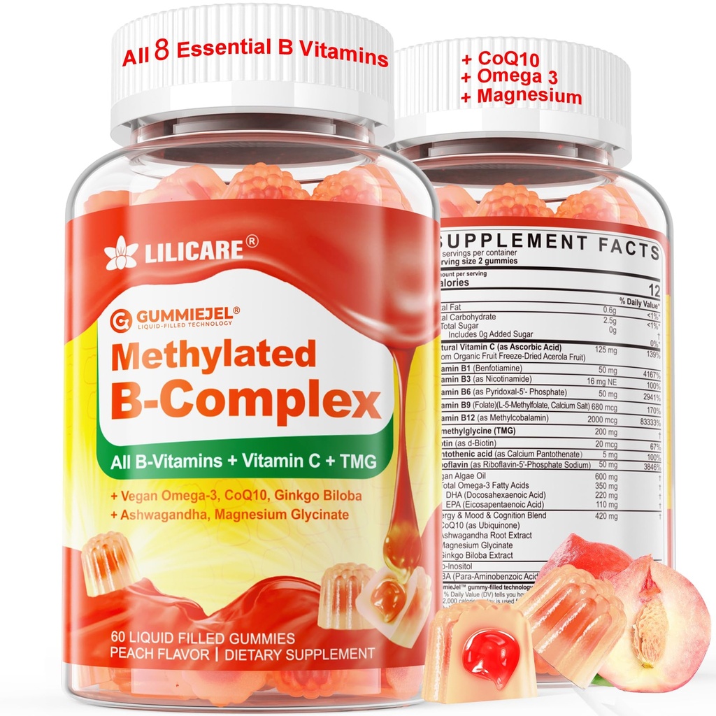 Complexul de vitamine B supermetilate - Toate vitaminele B + Omega-3, Magneziu, CoQ10, Ashwagandha, Vitamina C, TMG- pentru femei-Methyl B12 2000 mcg, metilfolat, B1,B2, B3,B5,B6,B7- Zahăr fără