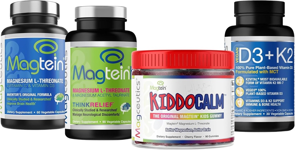 Magtein Magneziu L- Treonat 60 Capsule, Magceeutice MagteinPRO 90 Capsule, KIDDOCALM Gumies 90 Capsule, Vitamina D3 K2 30 Capsule - Bundle