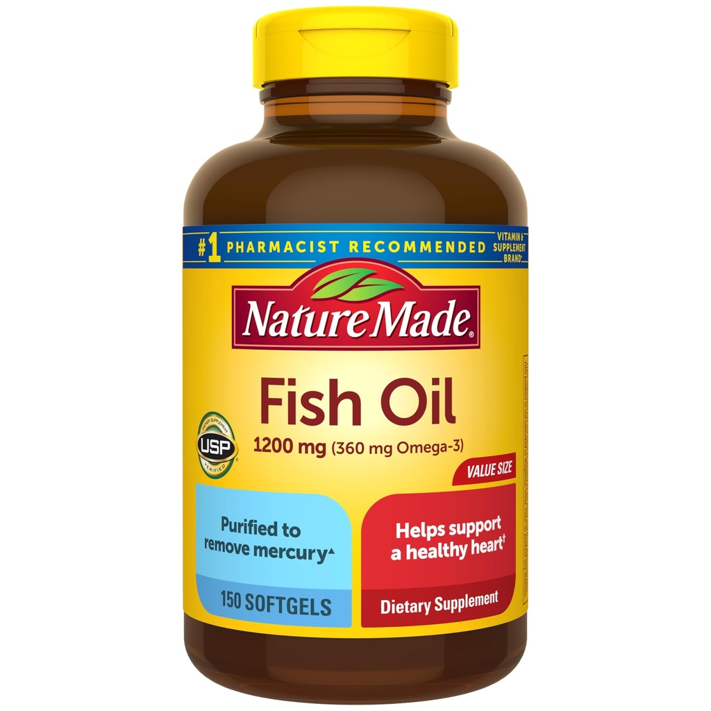 Natura făcut ulei de pește Omega 3 Suplimente, 1200 mg Softgels, Omega 3 ulei de pește pentru suport cardiac sănătos, 150 Softgels, 75 zile de aprovizionare