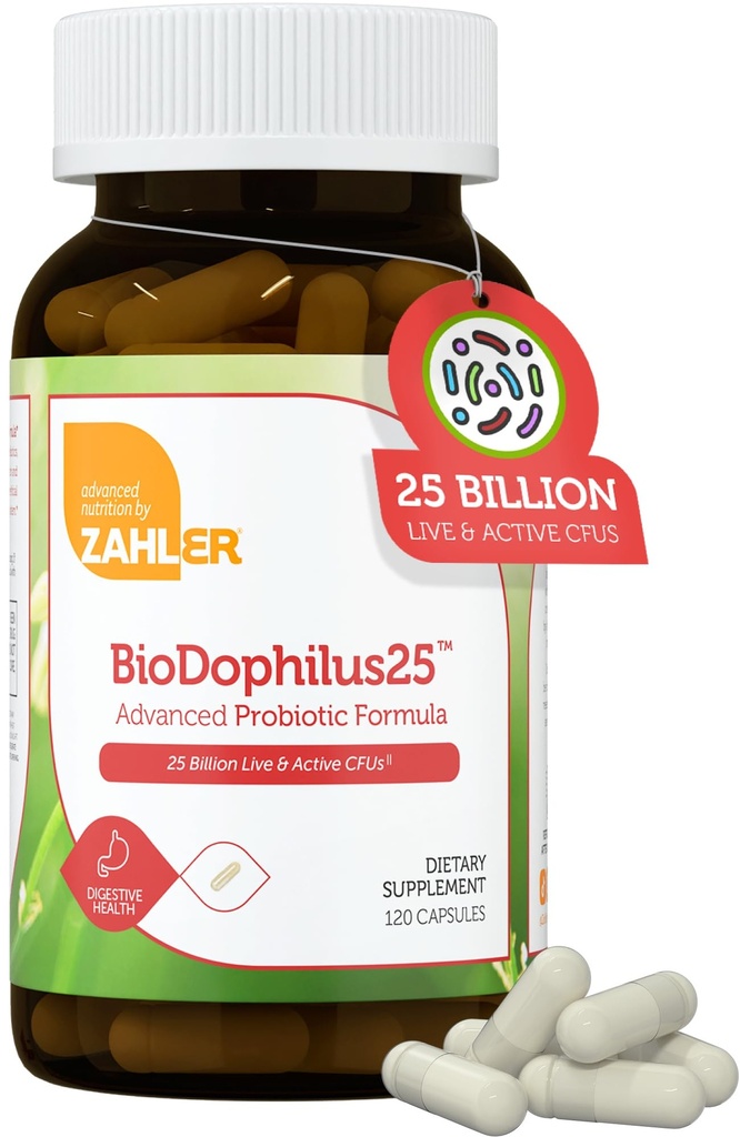 Zahler BioDophilus25, 25 Miliarde CFU Probiotic + Prebiotic - 11 Strais Daily Probiotic Supliment - Probiotice Kosher pentru femei pentru sanatate digestiva, Probiotice pentru barbati pentru sanatate gutoasa (120 capsule)