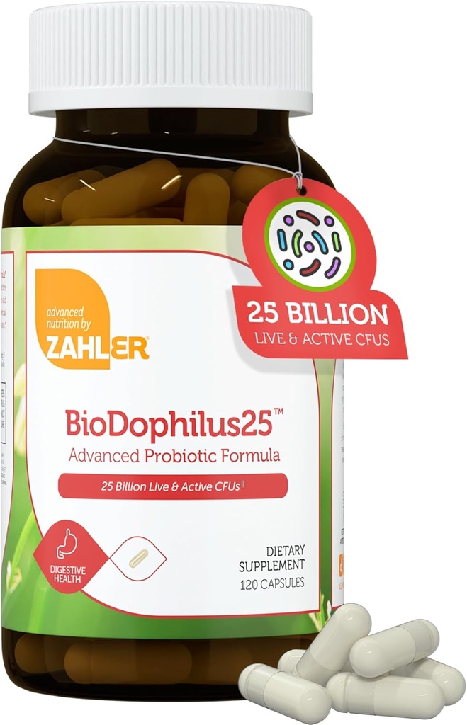 Zahler BioDophilus25, 25 Billion CFU Probiotic + Prebiotic - 11 Strains Daily Probiotic Supplement - Kosher Probiotics for Women for Digestive Health, Probiotics for Men for Gut Health (120 Capsules)