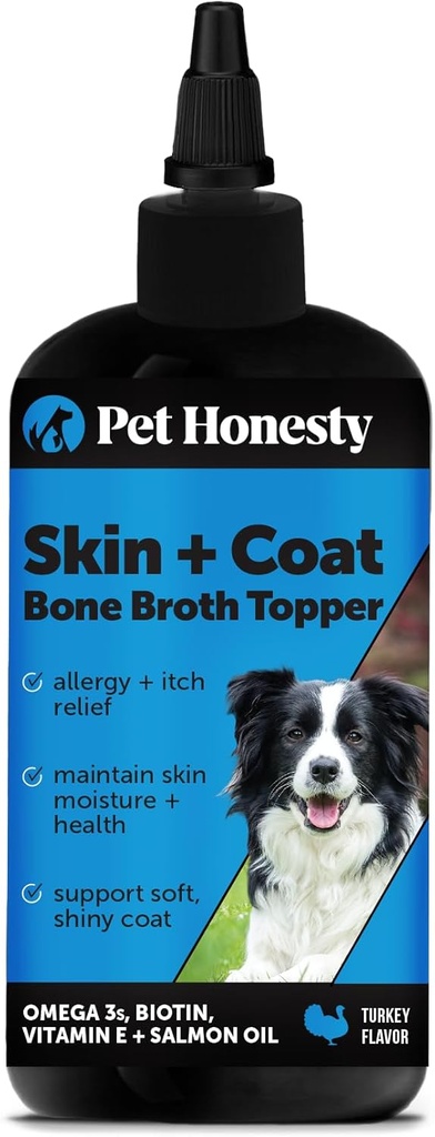 Animale de companie Cinste Dog Piele și supliment de haina cu ulei de somon pentru câini - Alergie Mâncărime Relief + Skin & Coat Health, Dog Food Topper Bone Broth cu ulei de somon, Colagen, Biotin + vitamina E (12 oz)