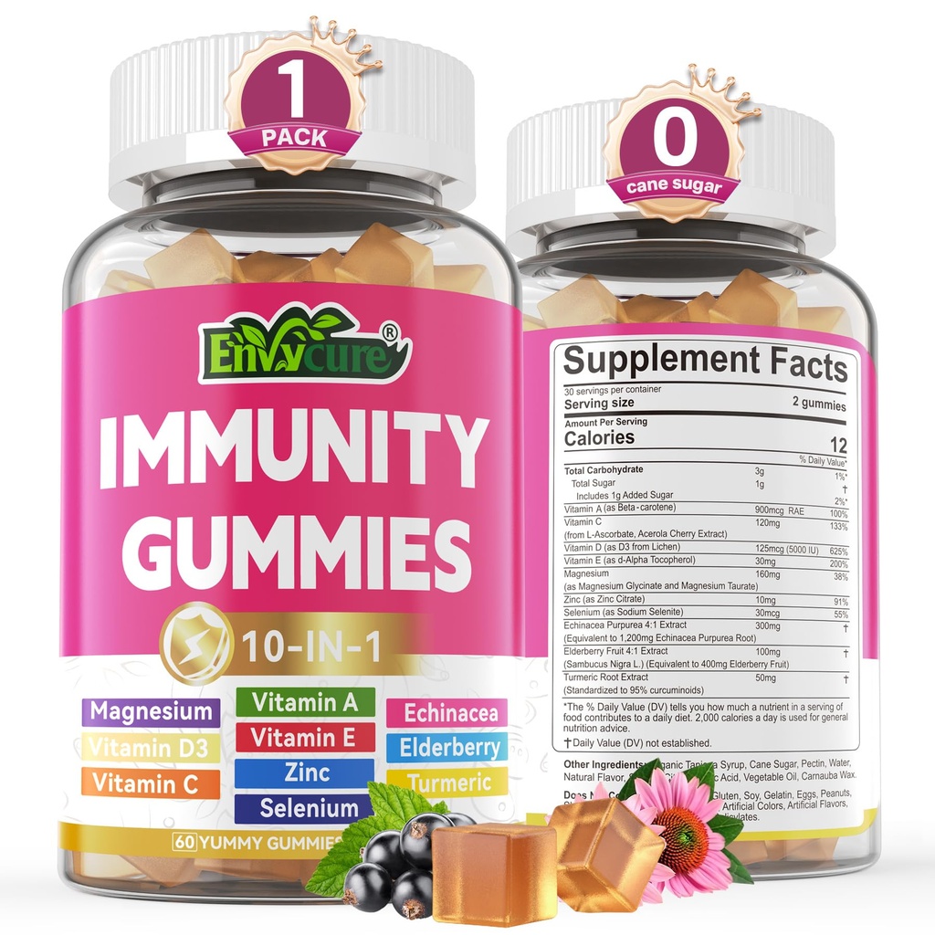10 din 1 Emunum Supplement Gummies, w/Echinacea, Elderberry Vitamina C și Zinc, Seleniu, Vitamina D3 5000UI, Magneziu, Zilnic Booster Multivitamine, pentru Antioxidant Bone Energy, 1 ambalaj
