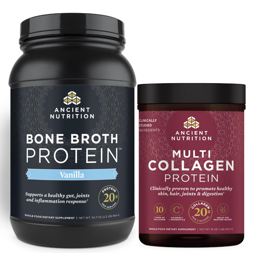 Nutritie antica Praf de proteine de Broth osoase, Vanilie, 40 Serviri + Multi Colagen Pulbere de proteine, Nearomat, 45 Serviri