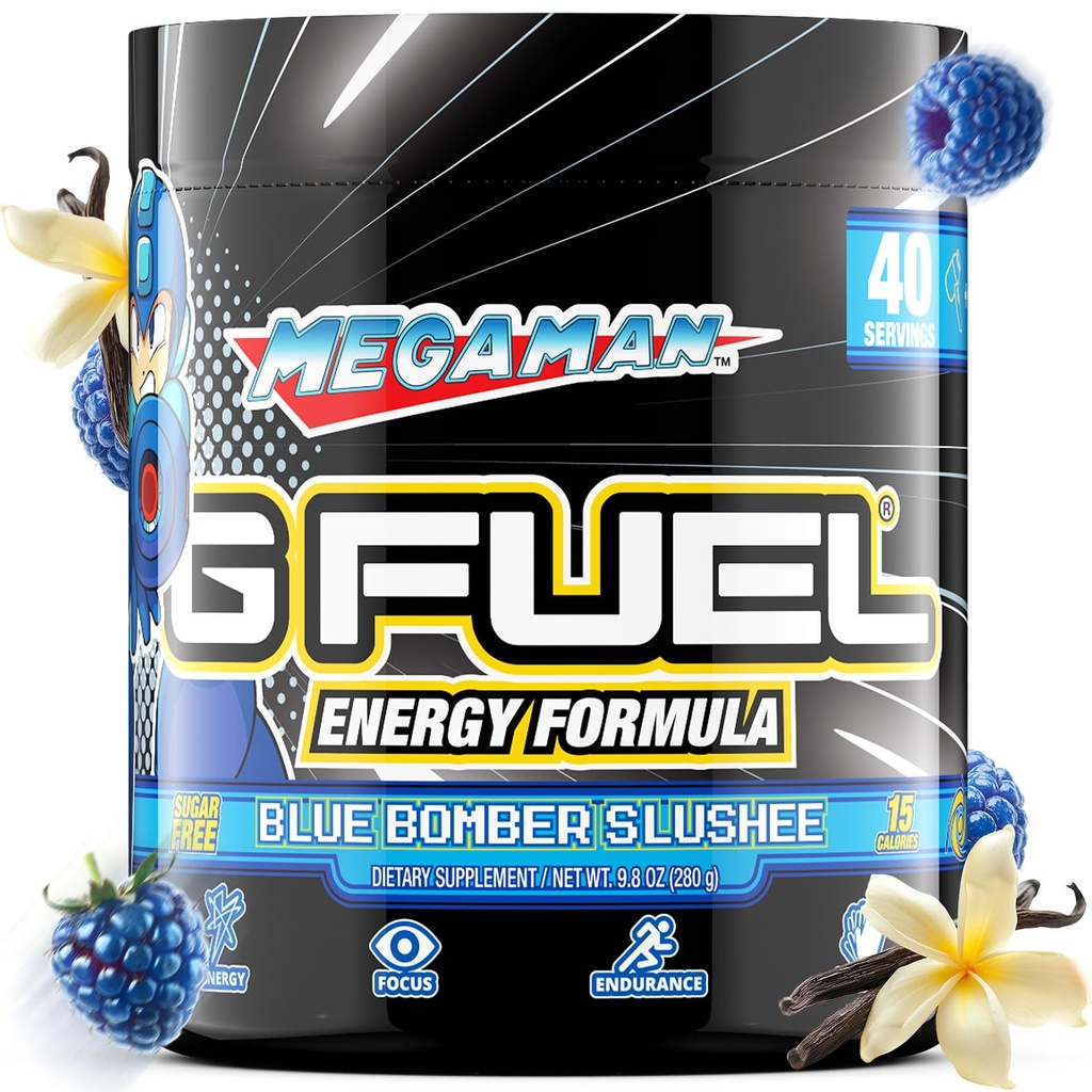 G Megaman Energetic Drink Powder, Pre Workout Caffeine Mix pentru Gaming, Sugar Free Focus Amino, Vitamina + Antioxidanti, 9,9oz (Albastru Slushee, 40 Serviri)