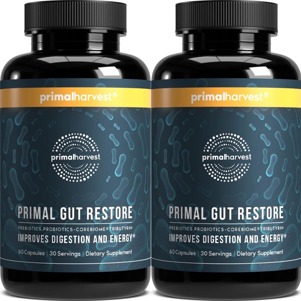 Primal Harvest 2 Pack, Restaurare pentru sănătate Gut, Primal Gut Restore w/POSTbiotics, Prebiotice și Probiotice pentru femei și bărbați, 60 CT - Digestion, Colon Cleanse, ajută la repararea leaky Gut