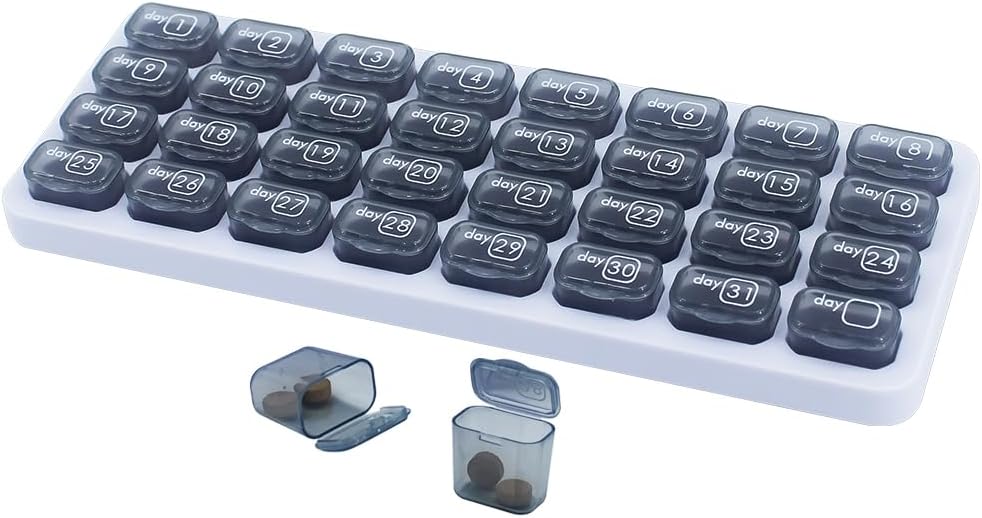 Organizator lunar de pastile, mare cutie de pastile de călătorie 31 zile, zilnic caz Pilula, Deținătorul de pastile Container pentru vitamine, medicamente, supliment, ulei de pește, gri