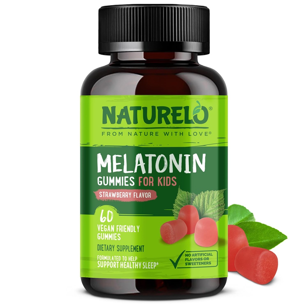 NaturaLO Melatonina Gume pentru copii non-GMO, gluten-gratuit, Soia gratuit - aroma de căpșuni - Supliment de somn blând - 60 Vegetarian Gummies